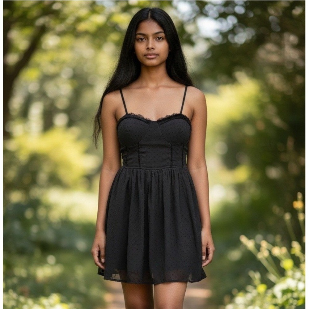 Band of the Free Black Swiss Dot Corset Style Mini Dress Smocked Back Small